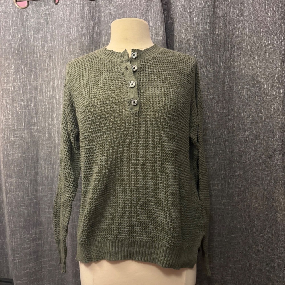 American Eagle Olive Green Waffle Knit Henley Sweater Long Sleeve (Women's XS)